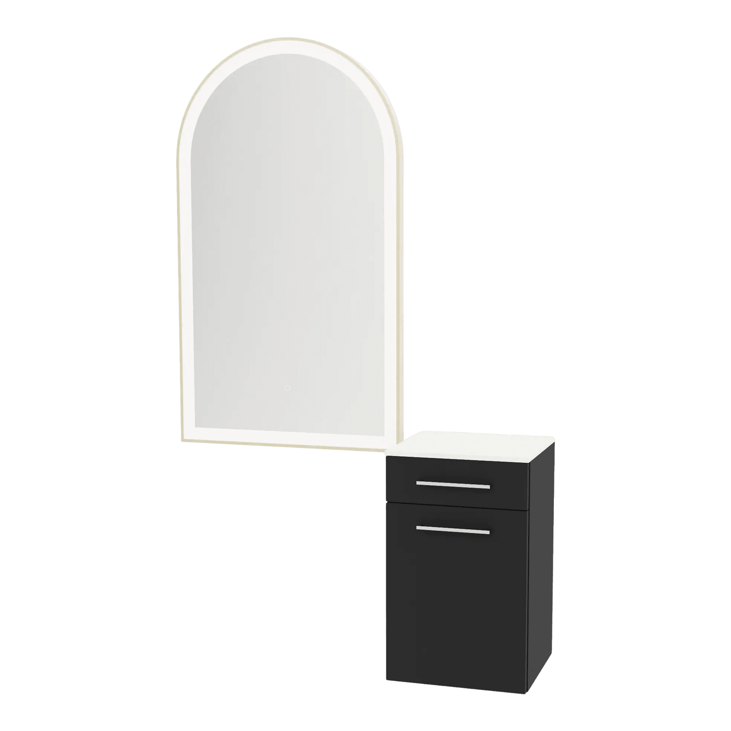Glo Wall Mount Styling Station with Tilt-out Appliance Holder, Solid Surface Countertop, and Gold Arch Paloma Mirror - Kaemark