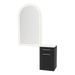 Glo Wall Mount Styling Station with Tilt-out Appliance Holder, Solid Surface Countertop, and Gold Arch Paloma Mirror - Kaemark