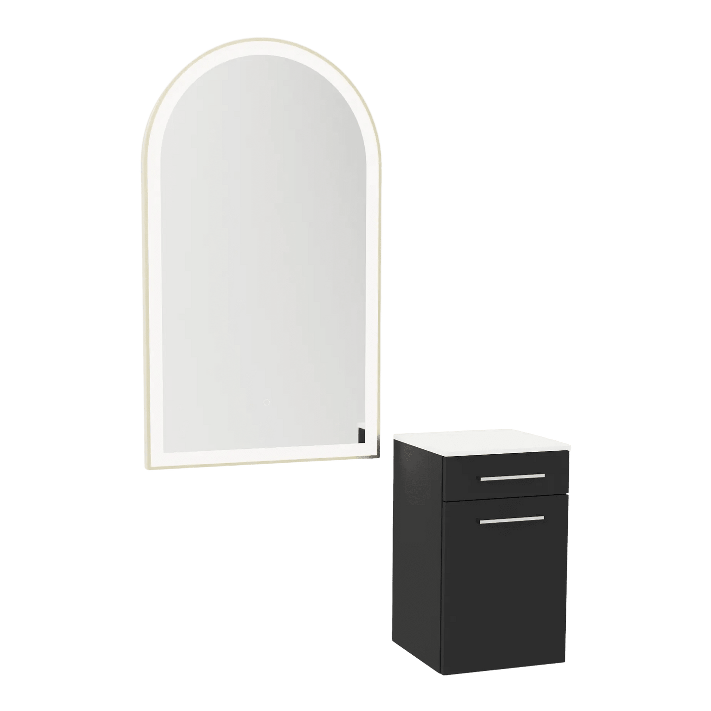 Glo Wall Mount Styling Station with Tilt-out Appliance Holder, Solid Surface Countertop, and Gold Arch Paloma Mirror - Kaemark