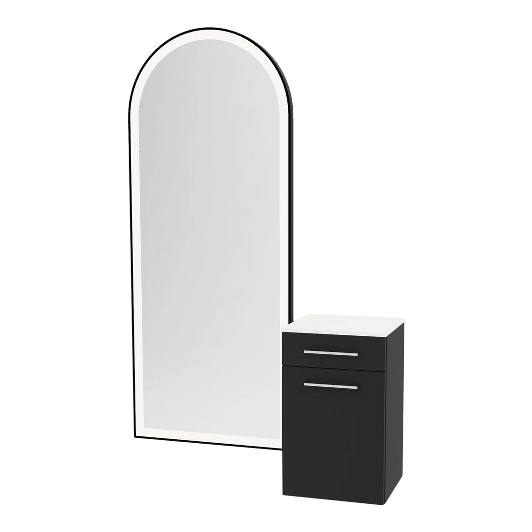 Glo Wall Mount Styling Station with Tilt-out Appliance Holder, Solid Surface Countertop, and Black Full-Length Arch Paloma Mirror - Kaemark