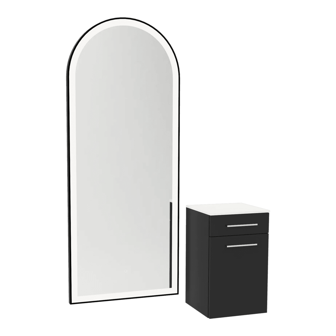 Glo Wall Mount Styling Station with Tilt-out Appliance Holder, Solid Surface Countertop, and Black Full-Length Arch Paloma Mirror - Kaemark