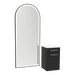 Glo Wall Mount Styling Station with Tilt-out Appliance Holder, Solid Surface Countertop, and Black Full-Length Arch Paloma Mirror - Kaemark