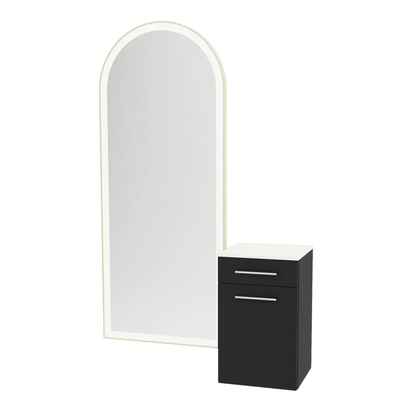 Glo Wall Mount Styling Station with Tilt-out Appliance Holder, Solid Surface Countertop, and Gold Full-Length Arch Paloma Mirror - Kaemark