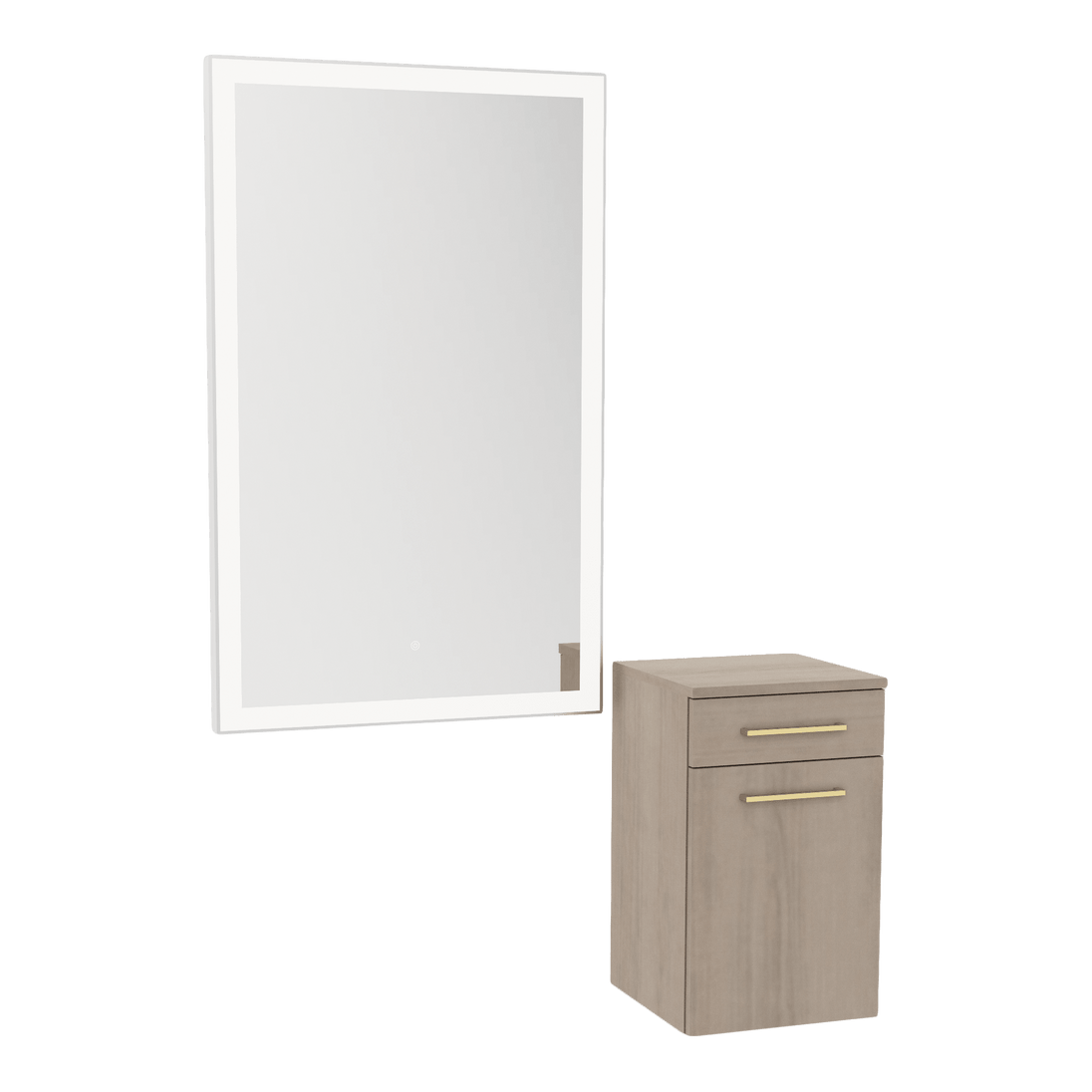 Glo Wall Mount Styling Station with Tilt-out Appliance Holder and Silver Rectangle Glo Mirror - Kaemark
