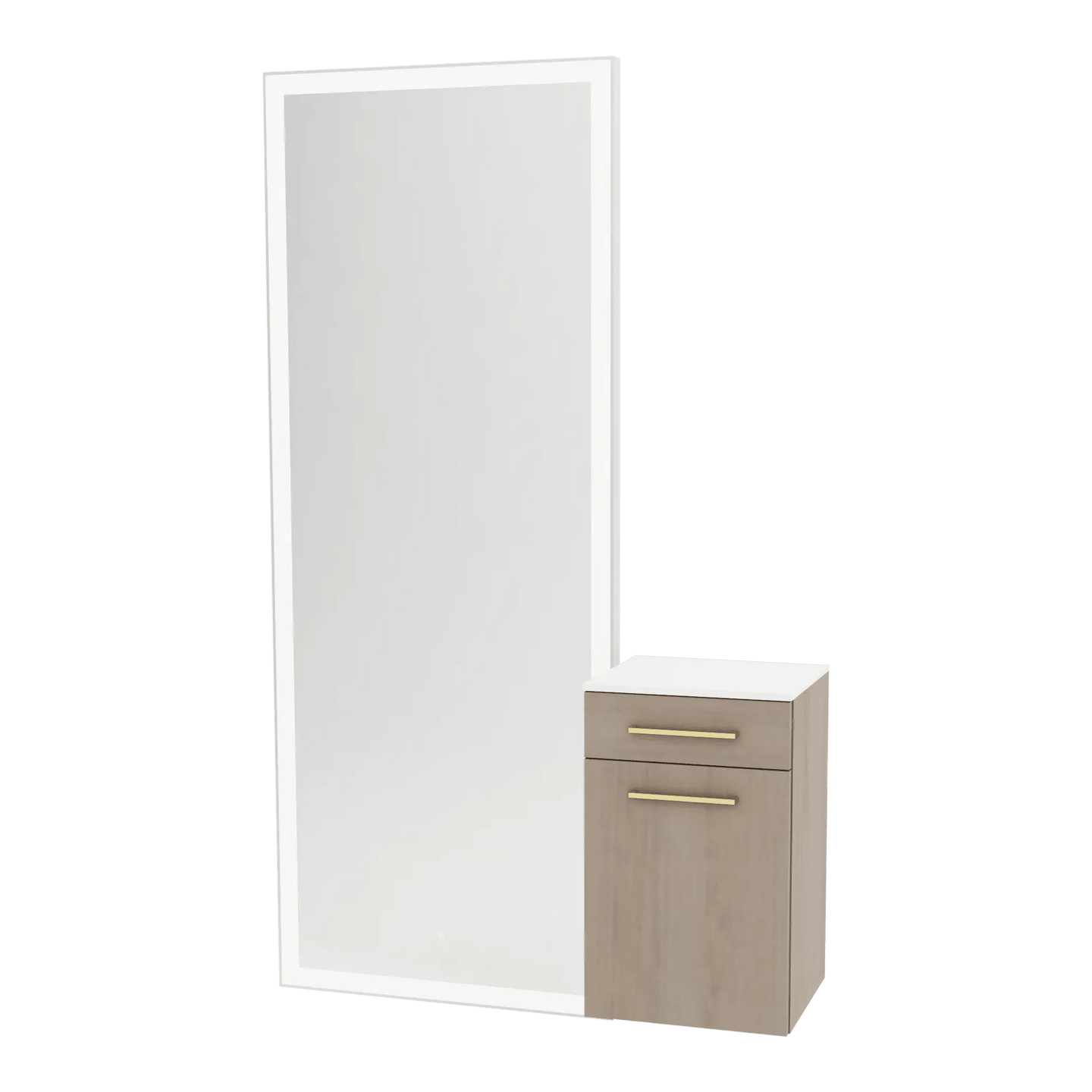 Glo Wall Mount Styling Station with Tilt-out Appliance Holder, Solid Surface Countertop, and Silver Full-Length Rectangle Glo Mirror - Kaemark