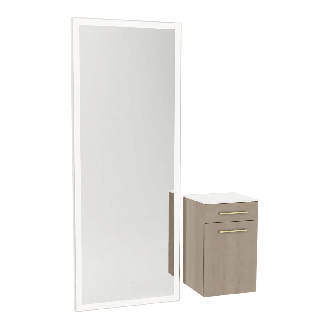 Glo Wall Mount Styling Station with Tilt-out Appliance Holder, Solid Surface Countertop, and Silver Full-Length Rectangle Glo Mirror - Kaemark