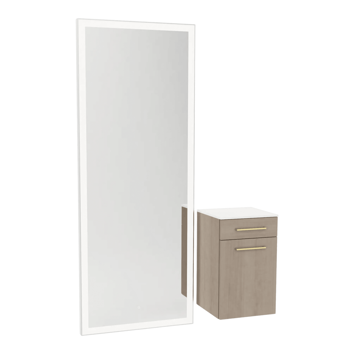 Glo Wall Mount Styling Station with Tilt-out Appliance Holder, Solid Surface Countertop, and Silver Full-Length Rectangle Glo Mirror - Kaemark
