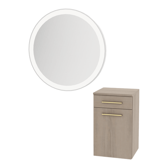 Glo Wall Mount Styling Station with Tilt-out Appliance Holder and Silver Round Glo Mirror - Kaemark
