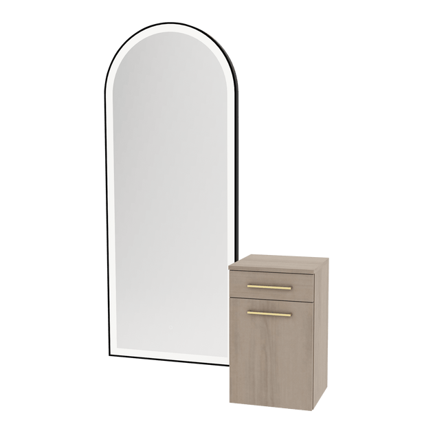 Glo Wall Mount Styling Station with Tilt-out Appliance Holder and Black Full-Length Arch Paloma Mirror - Kaemark