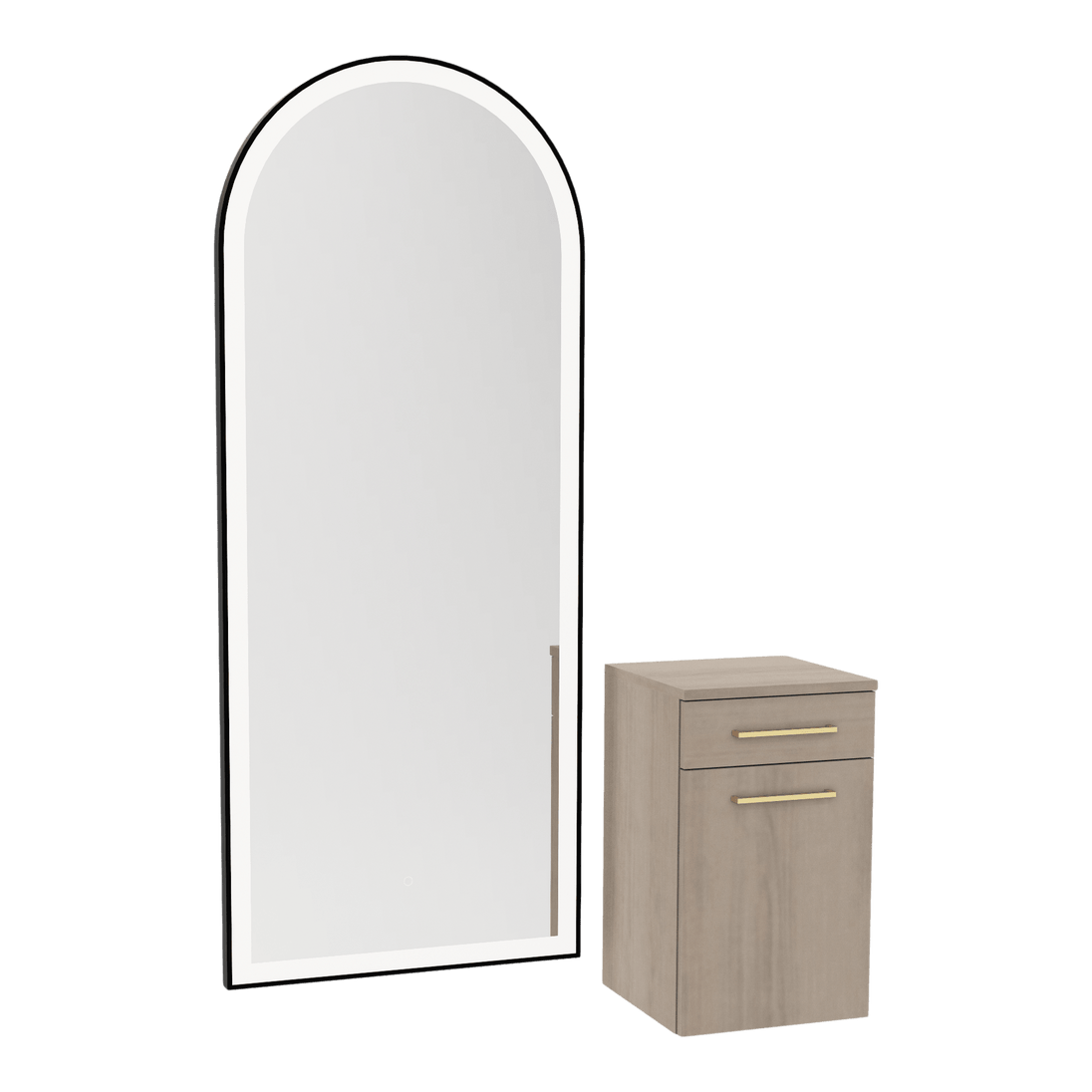 Glo Wall Mount Styling Station with Tilt-out Appliance Holder and Black Full-Length Arch Paloma Mirror - Kaemark