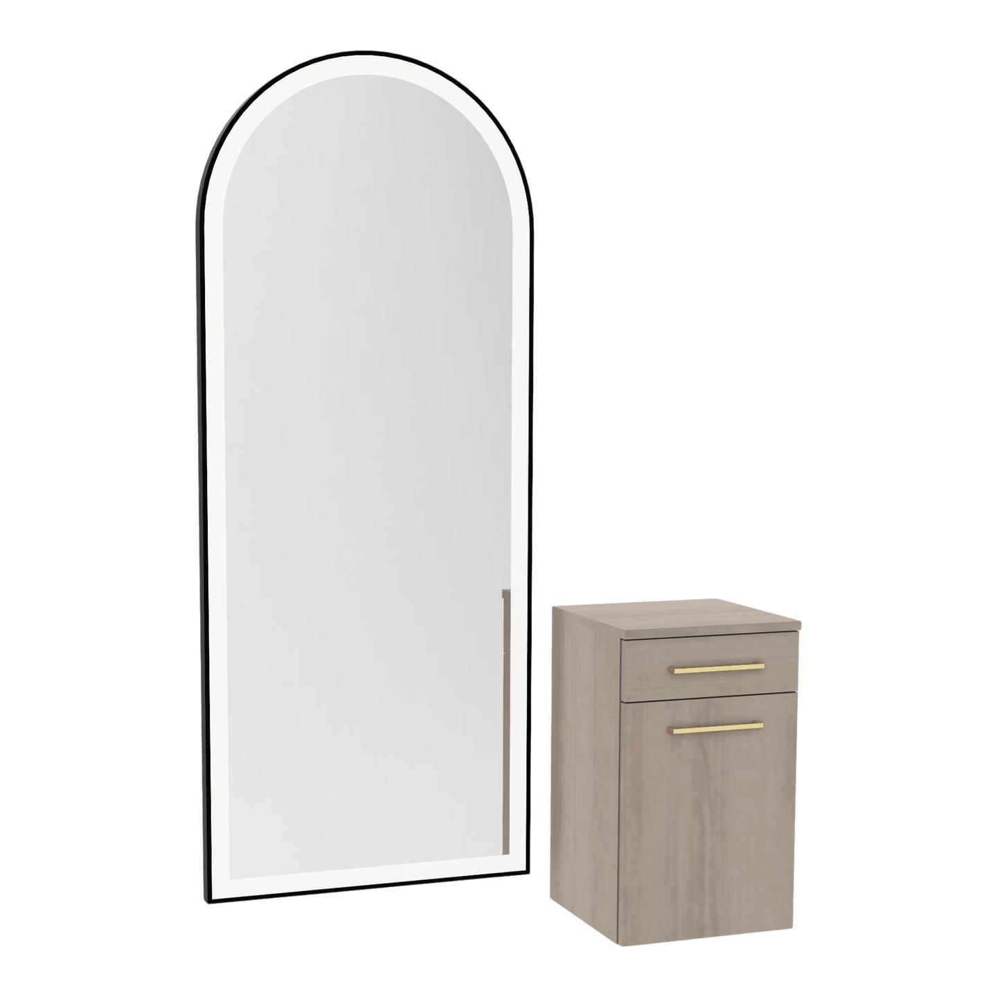 Glo Wall Mount Styling Station with Tilt-out Appliance Holder and Black Full-Length Arch Paloma Mirror - Kaemark