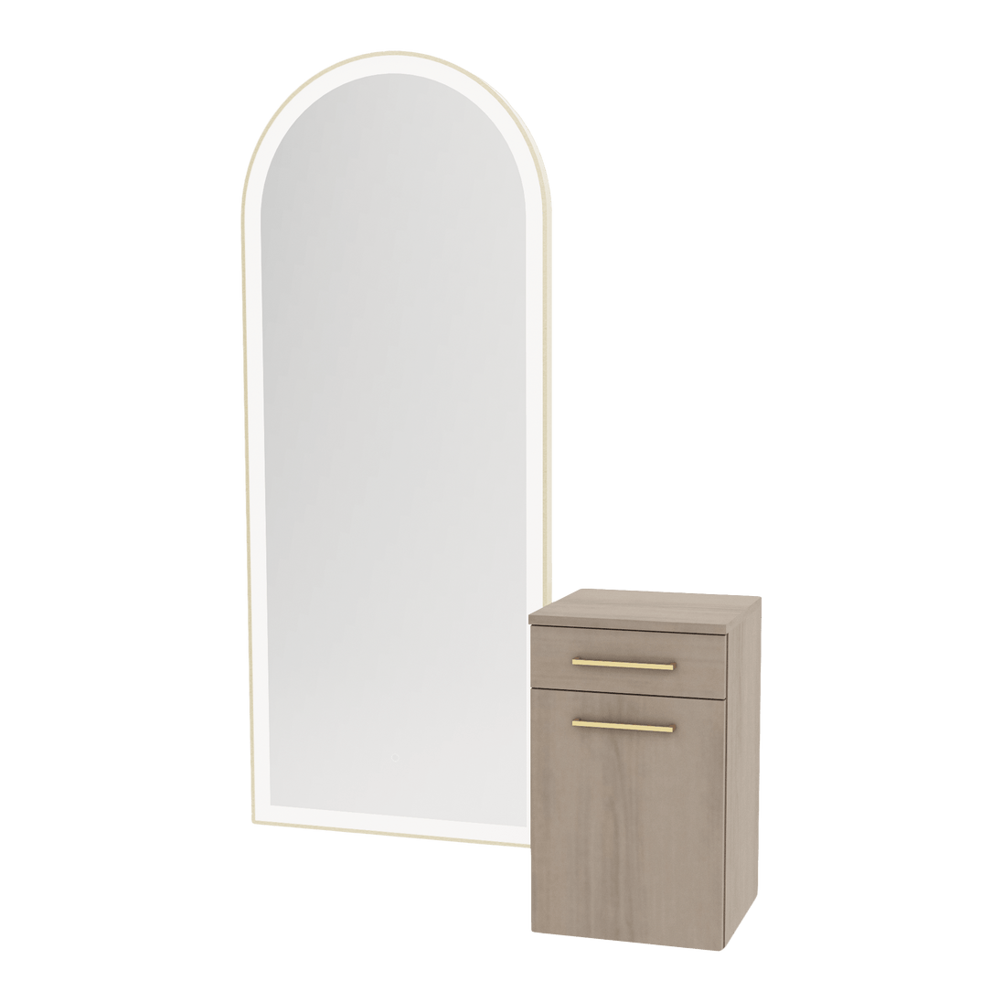 Glo Wall Mount Styling Station with Tilt-out Appliance Holder and Gold Full-Length Arch Paloma Mirror - Kaemark