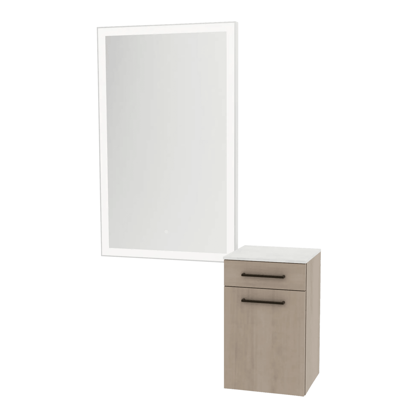 Glo Wall Mount Styling Station with Tilt-out Appliance Holder, Solid Surface Countertop, and Silver Rectangle Glo Mirror - Kaemark