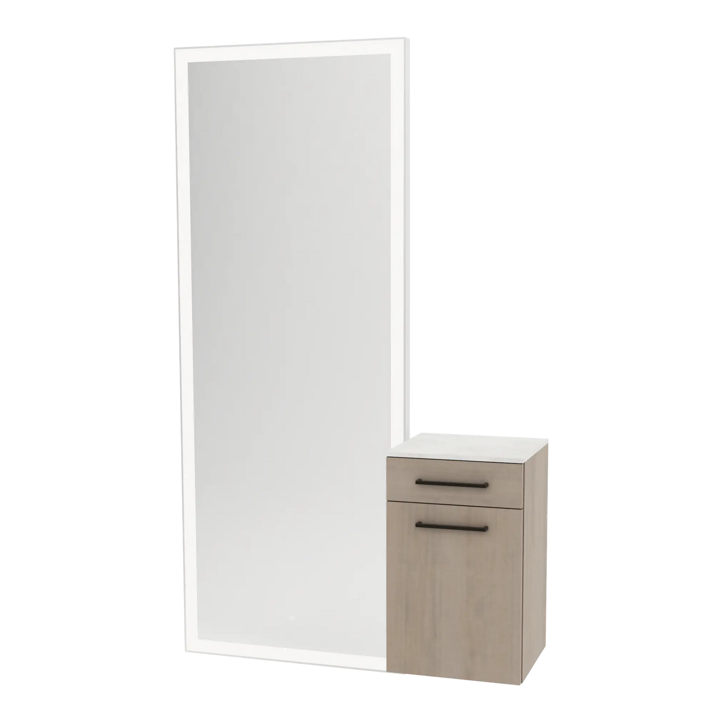 Glo Wall Mount Styling Station with Tilt-out Appliance Holder, Solid Surface Countertop, and Silver Full-Length Rectangle Glo Mirror - Kaemark