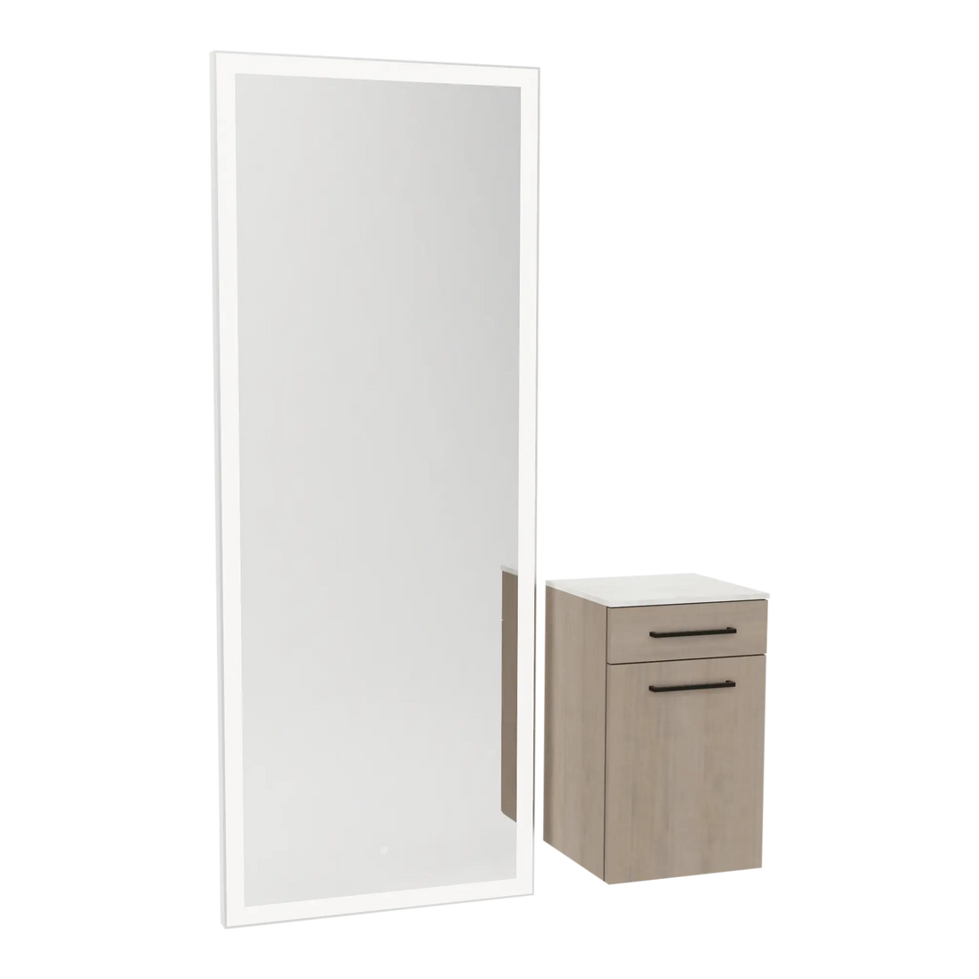 Glo Wall Mount Styling Station with Tilt-out Appliance Holder, Solid Surface Countertop, and Silver Full-Length Rectangle Glo Mirror - Kaemark