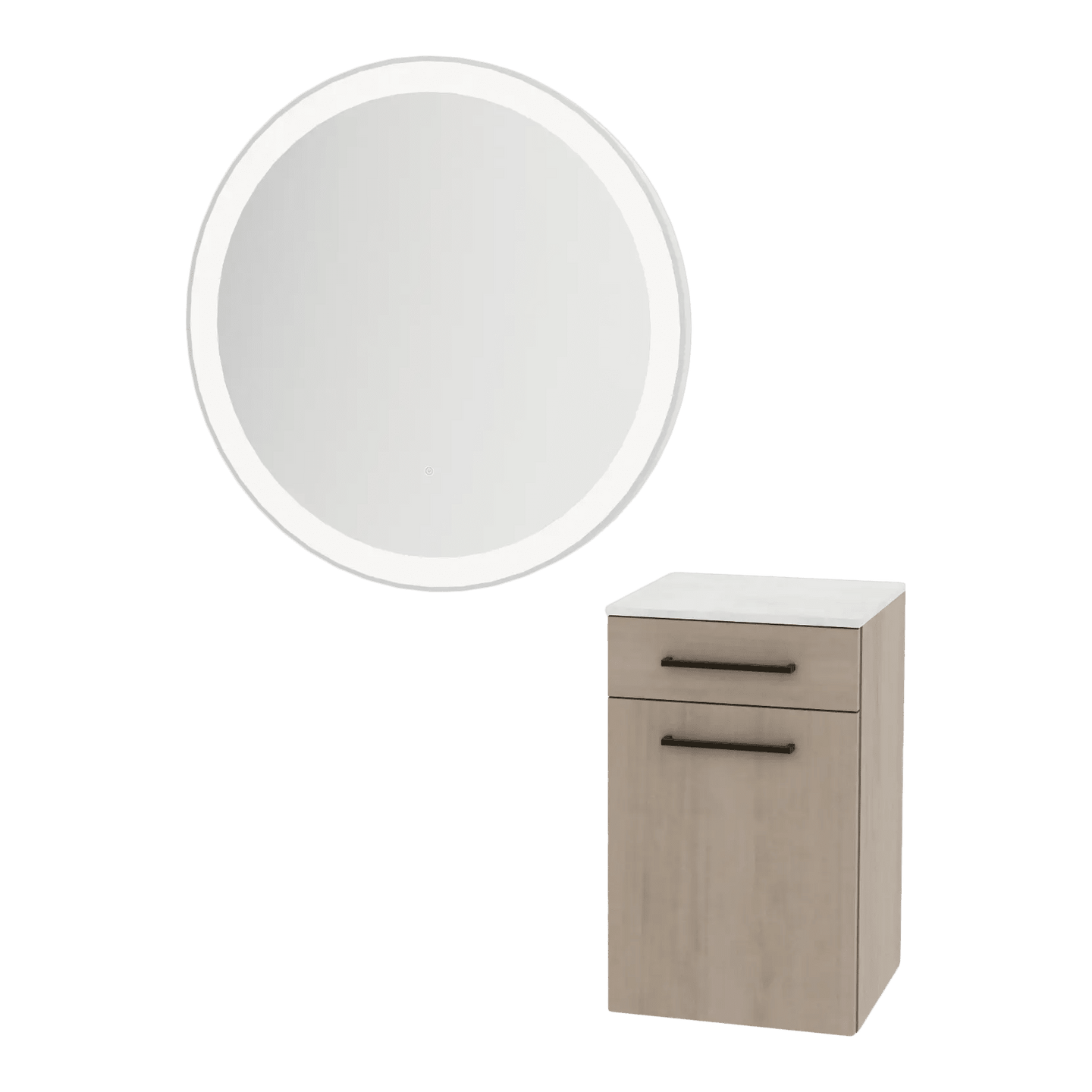 Glo Wall Mount Styling Station with Tilt-out Appliance Holder, Solid Surface Countertop, and Silver Round Glo Mirror - Kaemark