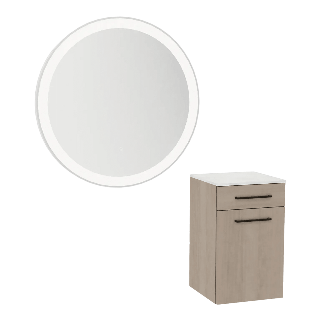 Glo Wall Mount Styling Station with Tilt-out Appliance Holder, Solid Surface Countertop, and Silver Round Glo Mirror - Kaemark