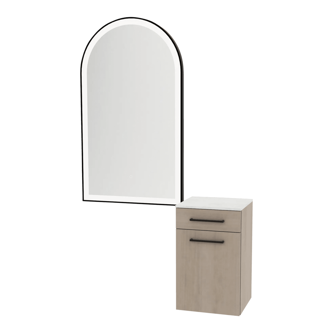 Glo Wall Mount Styling Station with Tilt-out Appliance Holder, Solid Surface Countertop, and Black Arch Paloma Mirror - Kaemark