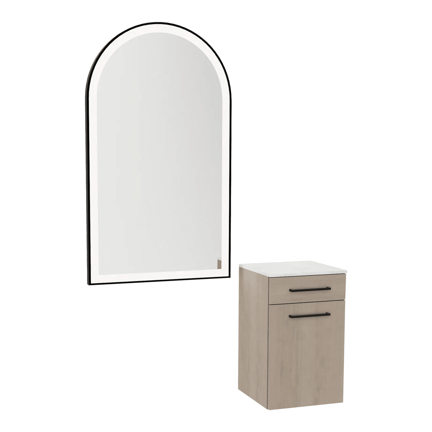 Glo Wall Mount Styling Station with Tilt-out Appliance Holder, Solid Surface Countertop, and Black Arch Paloma Mirror - Kaemark