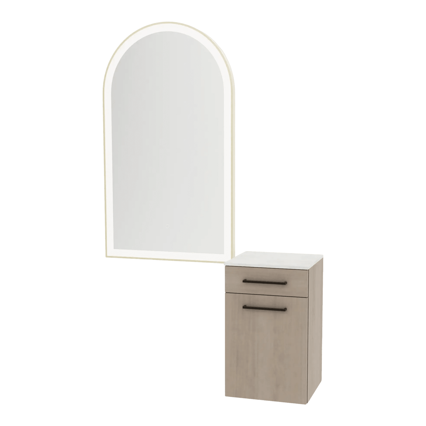 Glo Wall Mount Styling Station with Tilt-out Appliance Holder, Solid Surface Countertop, and Gold Arch Paloma Mirror - Kaemark