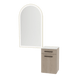 Glo Wall Mount Styling Station with Tilt-out Appliance Holder, Solid Surface Countertop, and Gold Arch Paloma Mirror - Kaemark