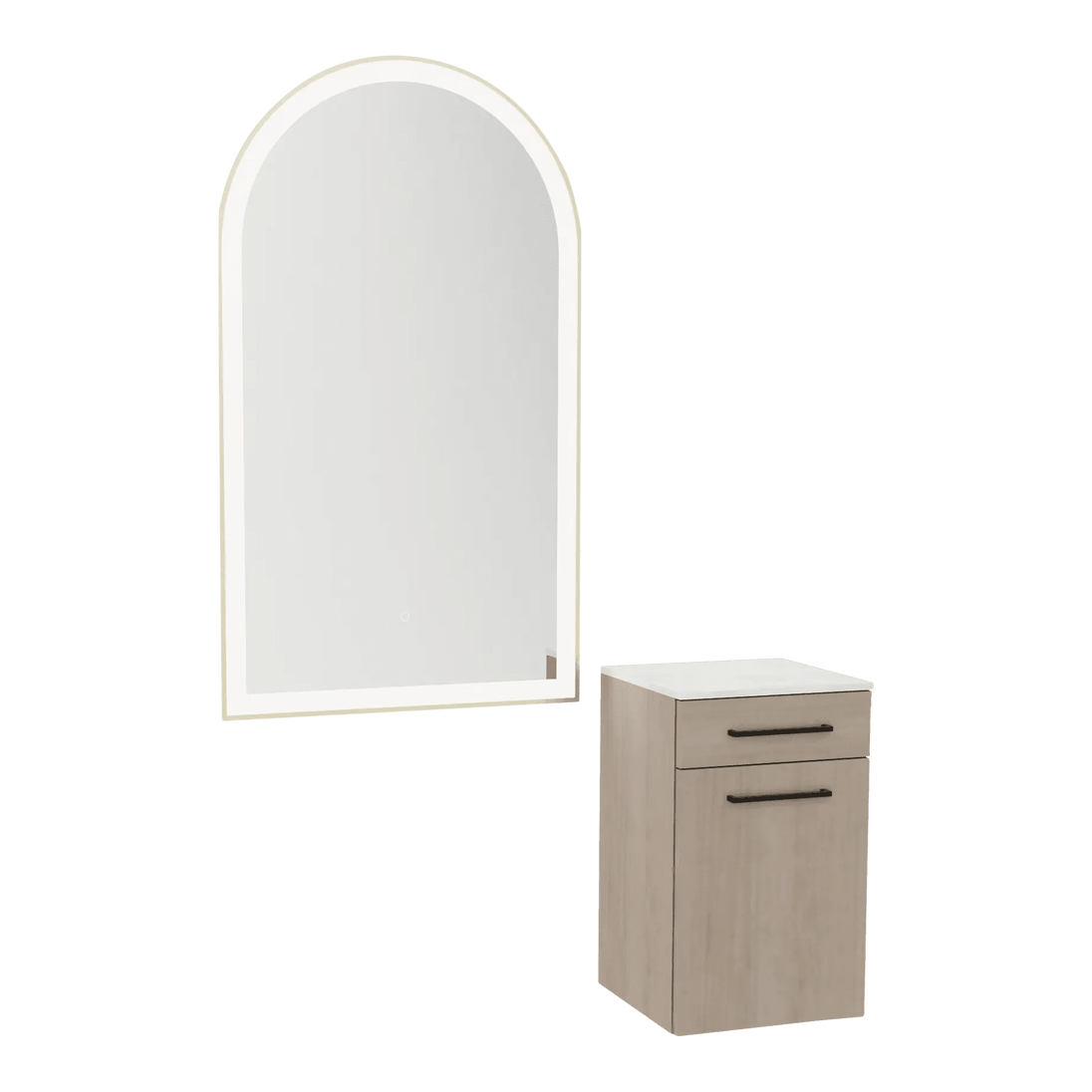 Glo Wall Mount Styling Station with Tilt-out Appliance Holder, Solid Surface Countertop, and Gold Arch Paloma Mirror - Kaemark