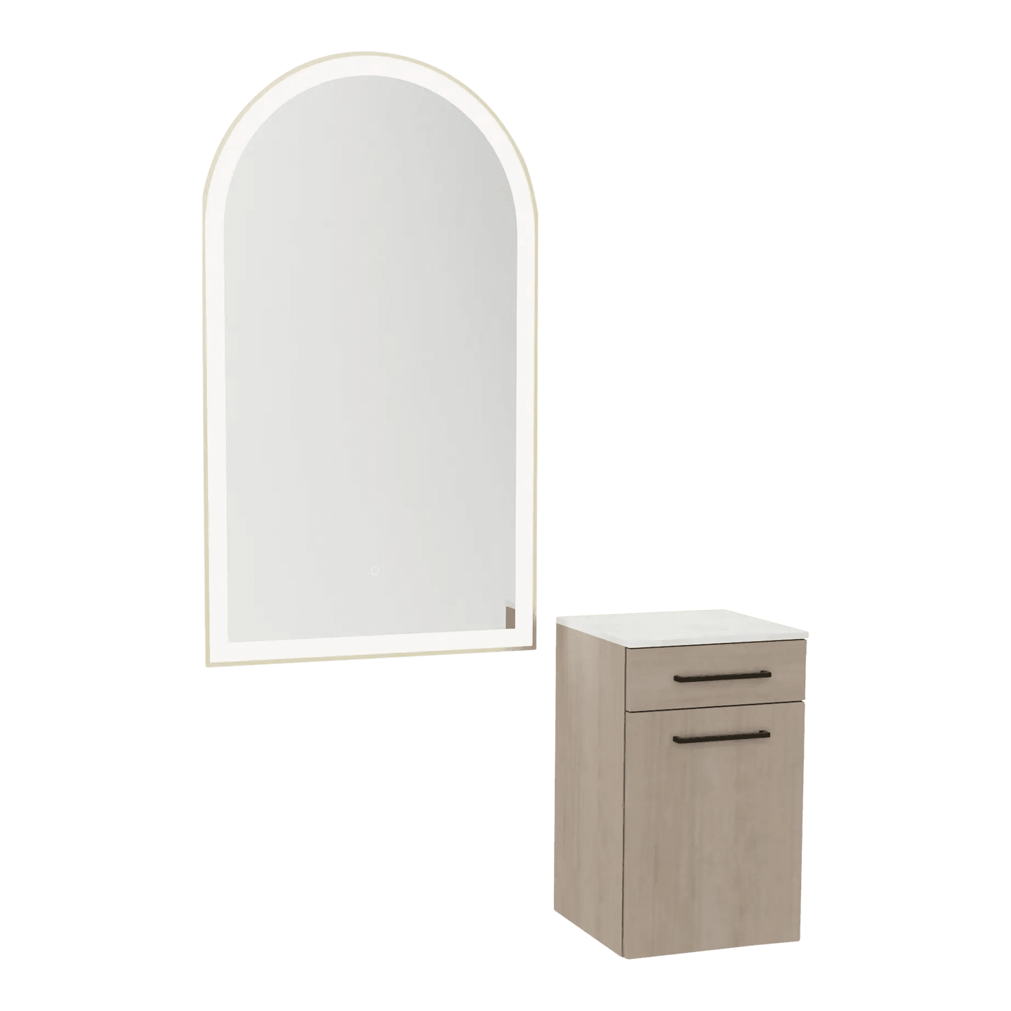 Glo Wall Mount Styling Station with Tilt-out Appliance Holder, Solid Surface Countertop, and Gold Arch Paloma Mirror - Kaemark