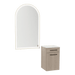 Glo Wall Mount Styling Station with Tilt-out Appliance Holder, Solid Surface Countertop, and Gold Arch Paloma Mirror - Kaemark