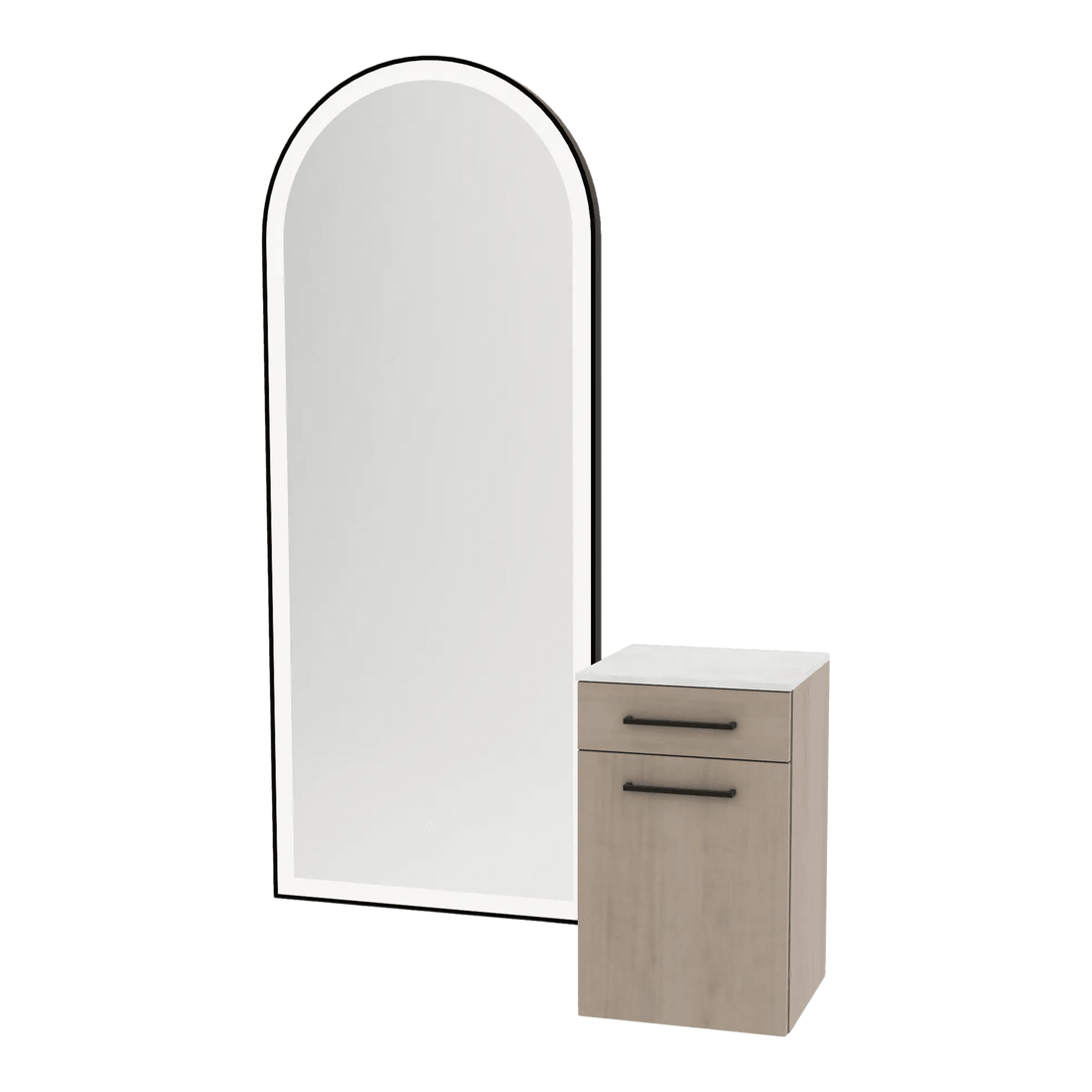 Glo Wall Mount Styling Station with Tilt-out Appliance Holder, Solid Surface Countertop, and Black Full-Length Arch Paloma Mirror - Kaemark