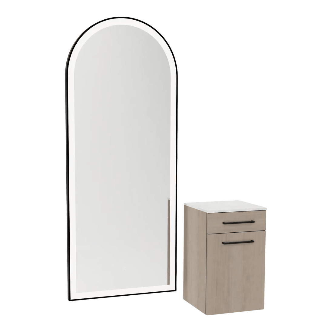 Glo Wall Mount Styling Station with Tilt-out Appliance Holder, Solid Surface Countertop, and Black Full-Length Arch Paloma Mirror - Kaemark