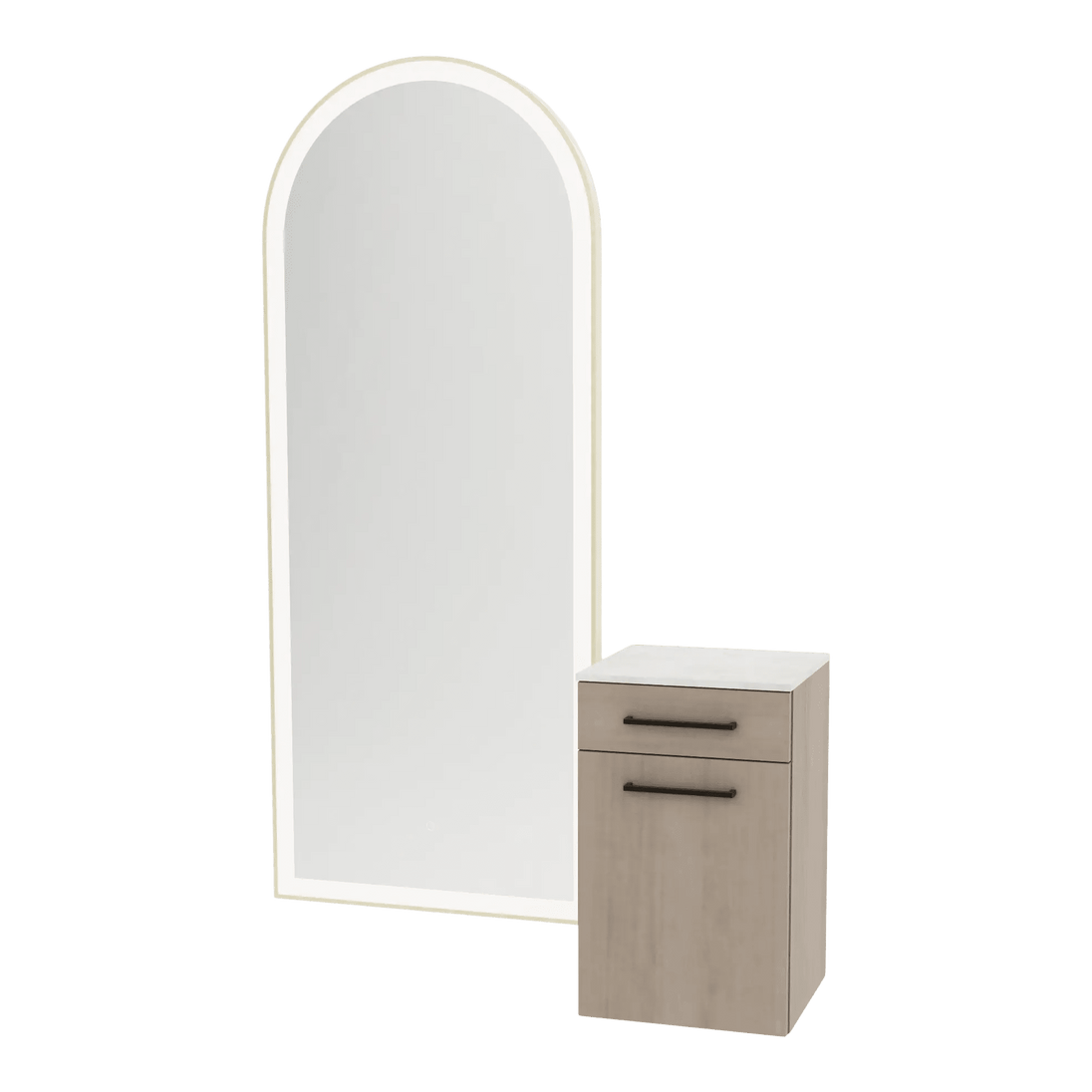 Glo Wall Mount Styling Station with Tilt-out Appliance Holder, Solid Surface Countertop, and Gold Full-Length Arch Paloma Mirror - Kaemark