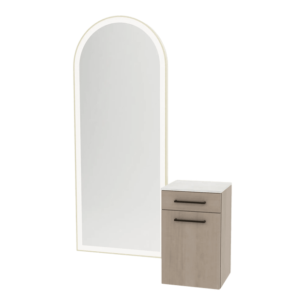 Glo Wall Mount Styling Station with Tilt-out Appliance Holder, Solid Surface Countertop, and Gold Full-Length Arch Paloma Mirror - Kaemark