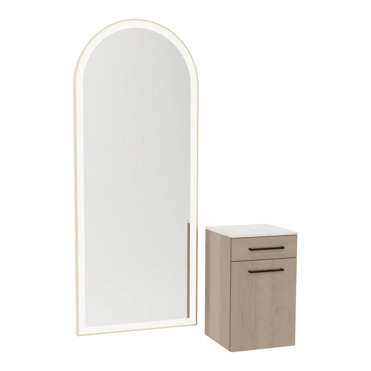 Glo Wall Mount Styling Station with Tilt-out Appliance Holder, Solid Surface Countertop, and Gold Full-Length Arch Paloma Mirror - Kaemark