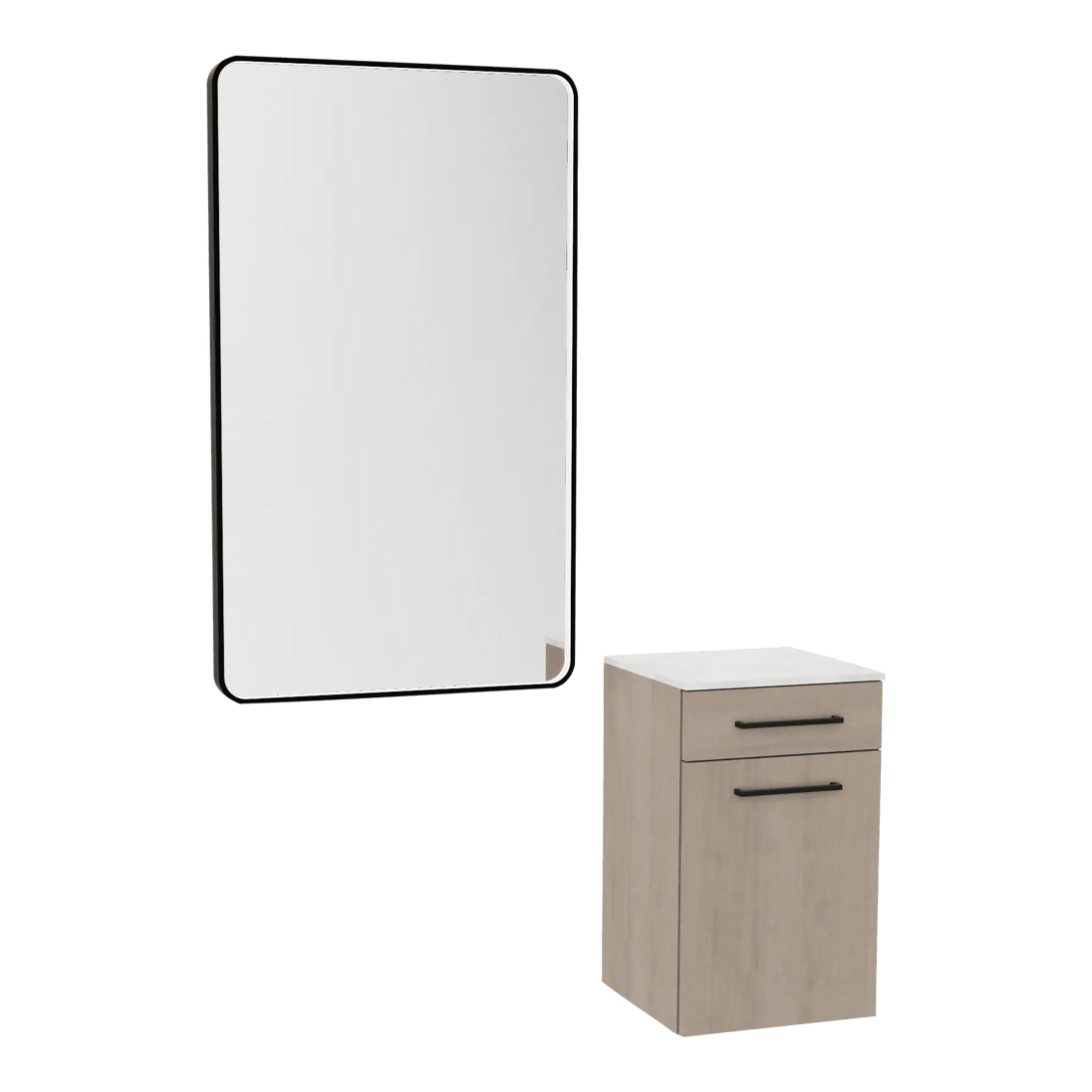 Glo Laminate Wall Mount Styling Station with Solid Surface Countertop, Tilt-Out Appliance Holder, and Westin Rectangle Mirror - Kaemark