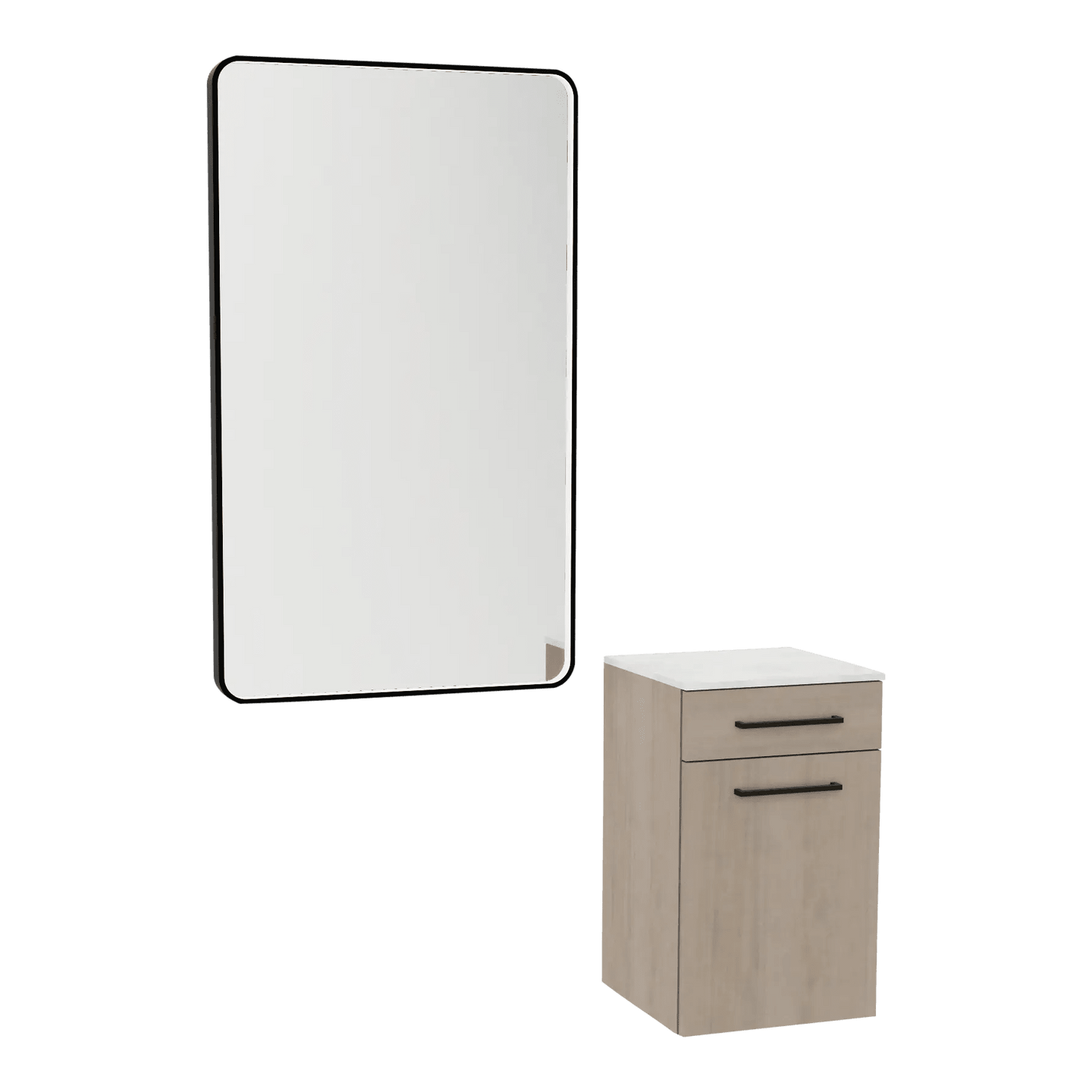 Glo Laminate Wall Mount Styling Station with Solid Surface Countertop, Tilt-Out Appliance Holder, and Westin Rectangle Mirror - Kaemark