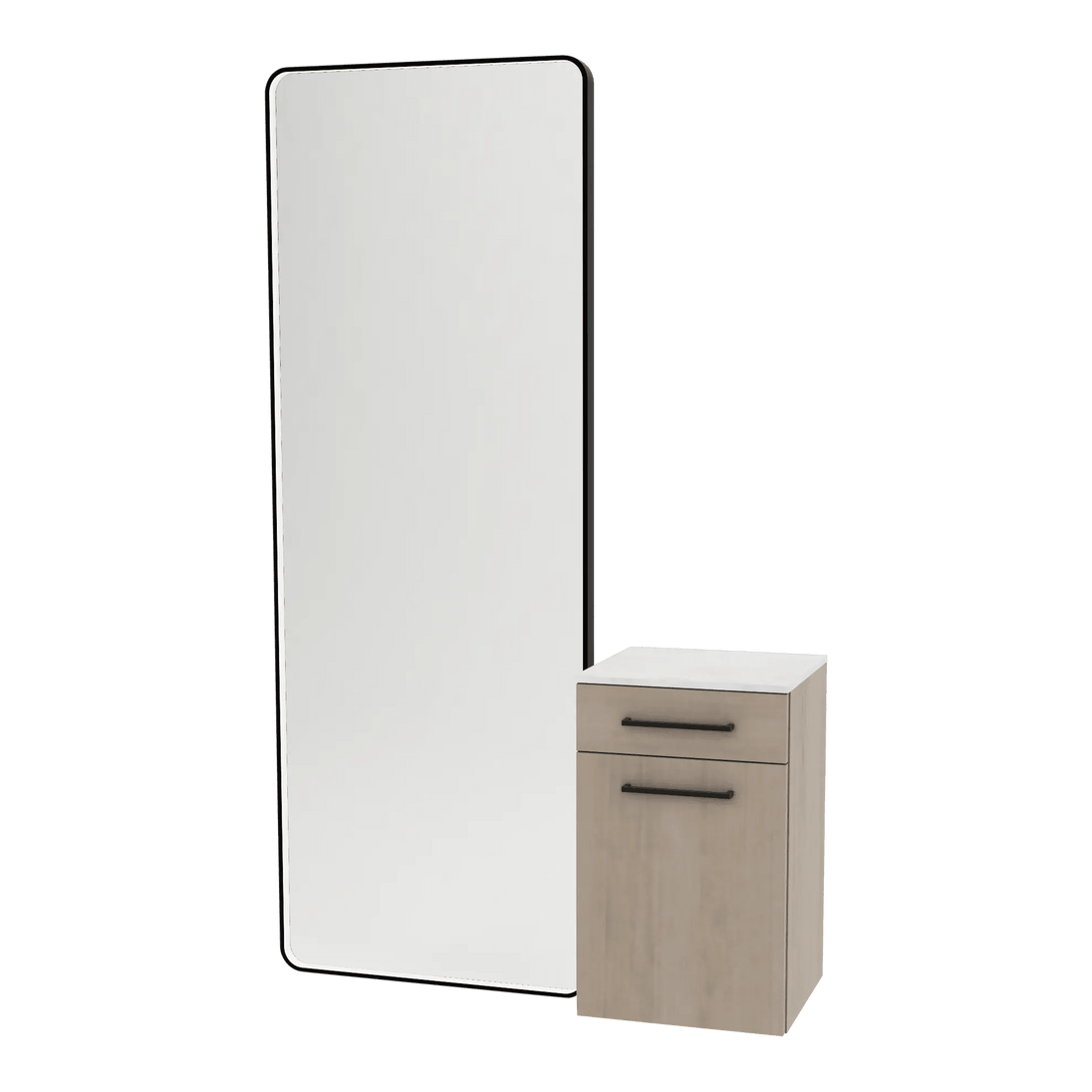 Glo Wall Mount Styling Station with Tilt-out Appliance Holder, Solid Surface Countertop, and Black Full-Length Rectangle Westin Mirror - Kaemark