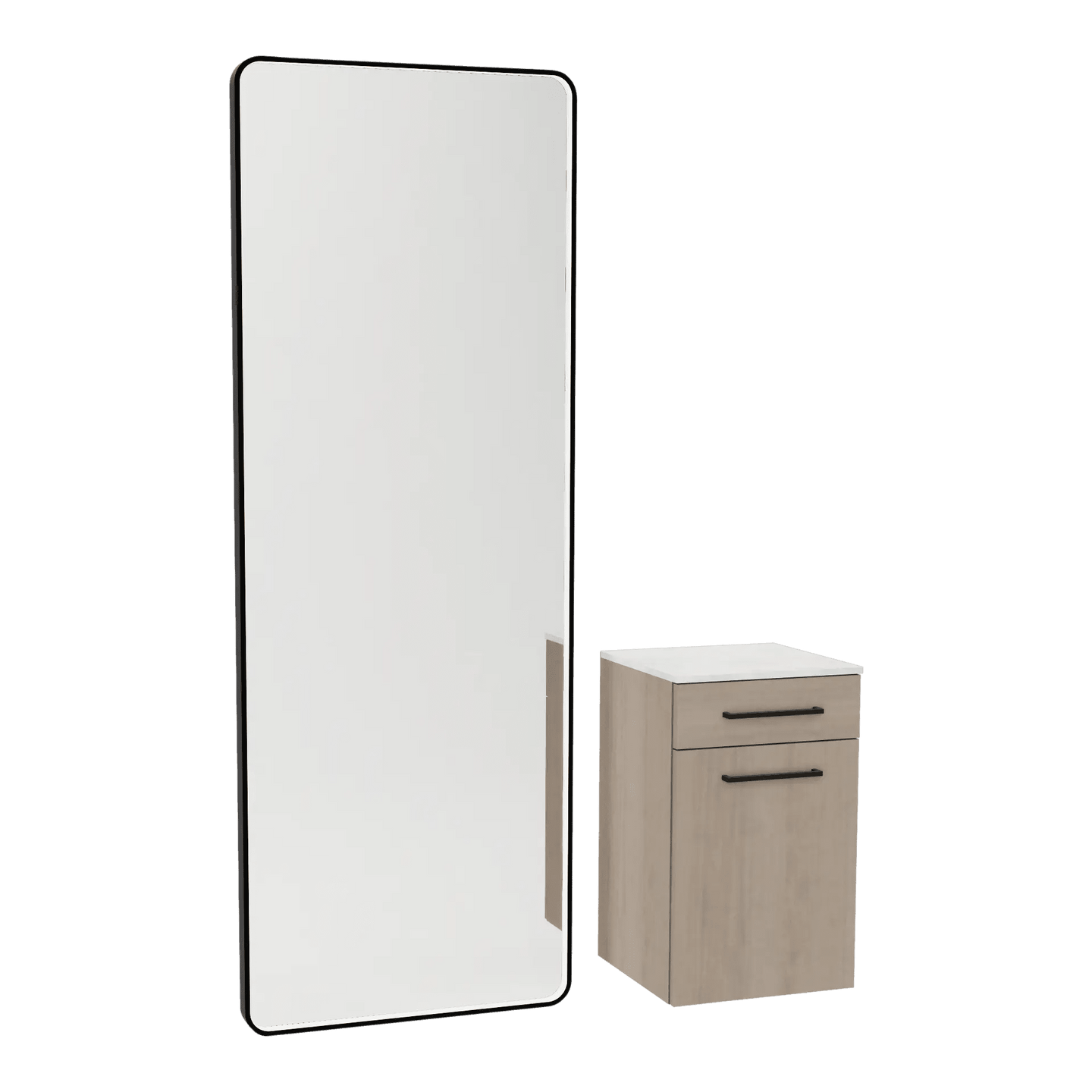Glo Wall Mount Styling Station with Tilt-out Appliance Holder, Solid Surface Countertop, and Black Full-Length Rectangle Westin Mirror - Kaemark