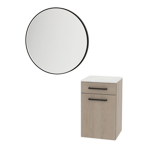 Glo Wall Mount Styling Station with Tilt-out Appliance Holder, Solid Surface Countertop, and Black Round Westin Mirror - Kaemark