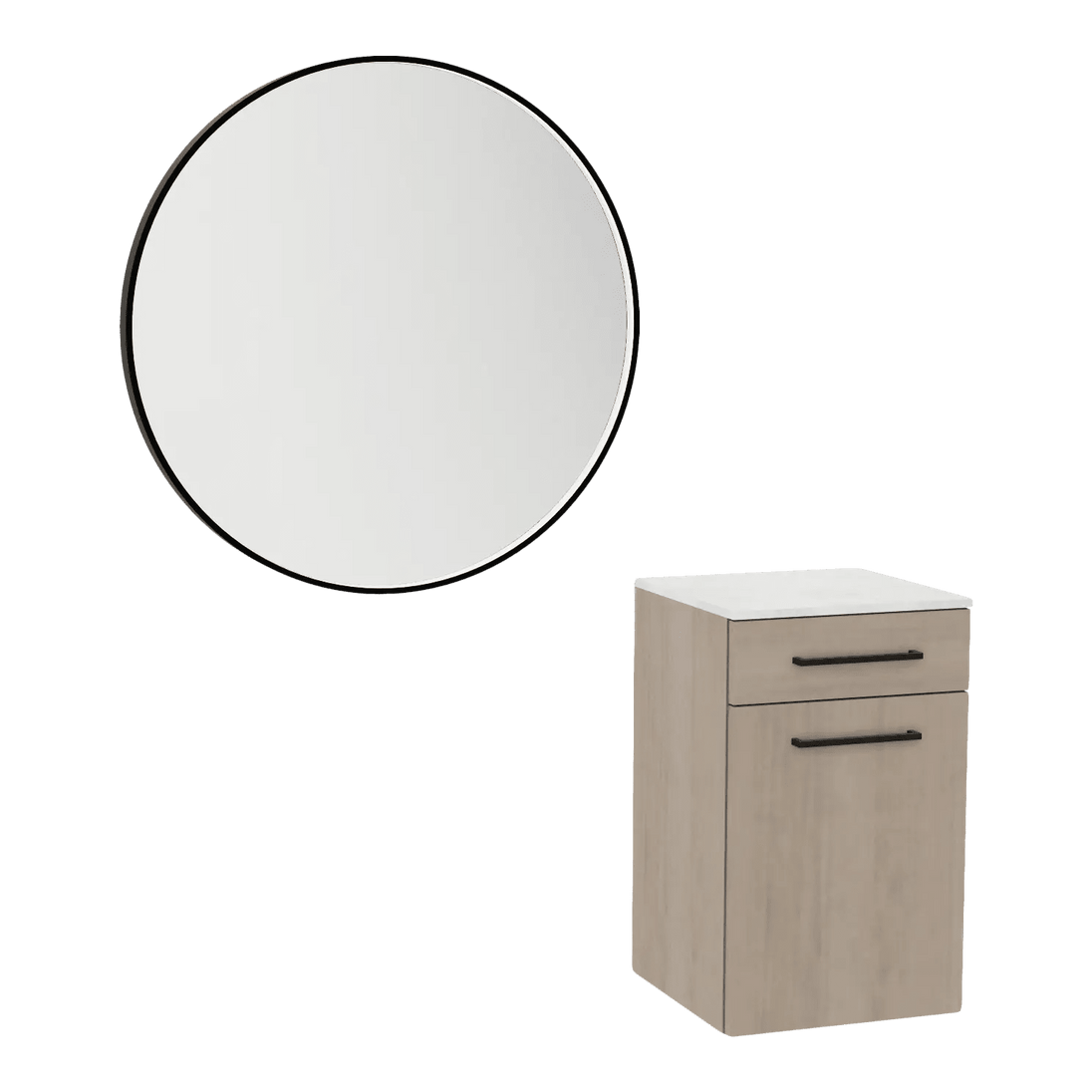 Glo Wall Mount Styling Station with Tilt-out Appliance Holder, Solid Surface Countertop, and Black Round Westin Mirror - Kaemark