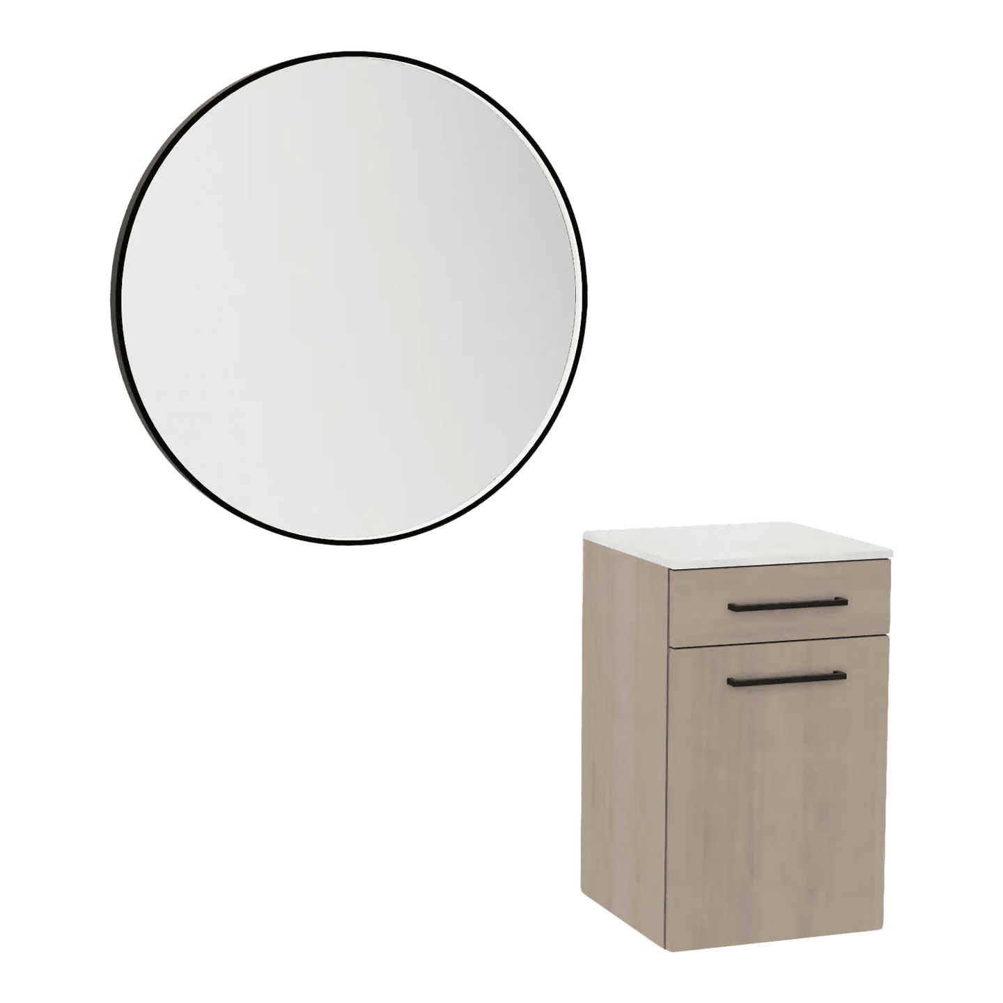Glo Wall Mount Styling Station with Tilt-out Appliance Holder, Solid Surface Countertop, and Black Round Westin Mirror - Kaemark