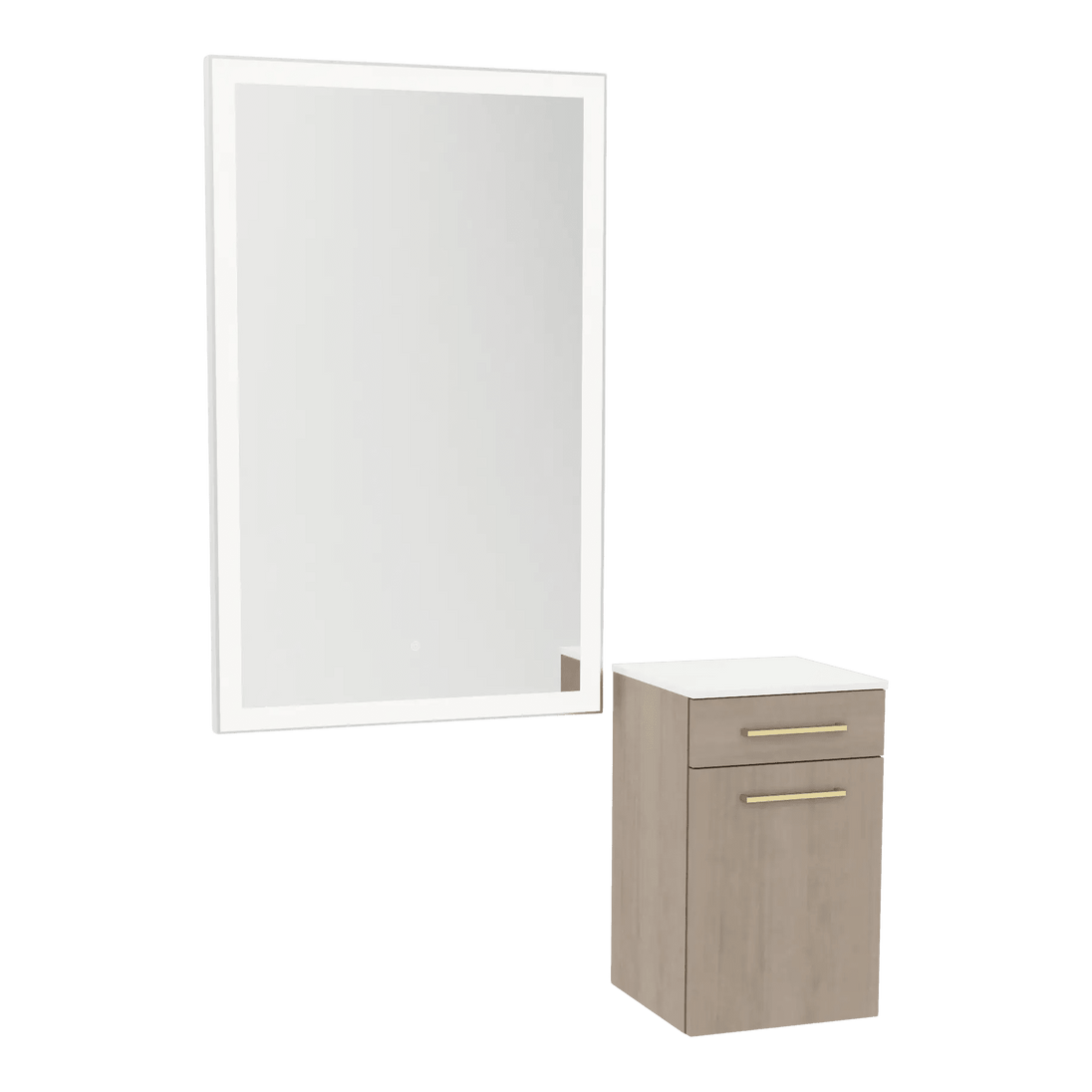 Glo Wall Mount Styling Station with Tilt-out Appliance Holder, Solid Surface Countertop, and Silver Rectangle Glo Mirror - Kaemark