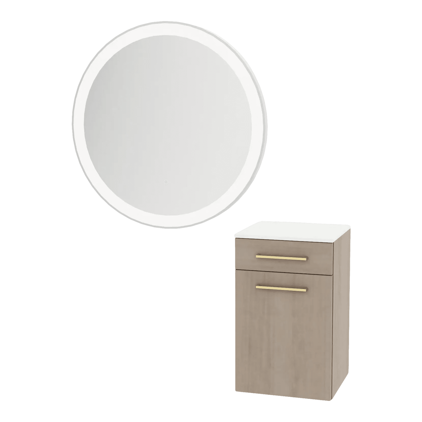 Glo Wall Mount Styling Station with Tilt-out Appliance Holder, Solid Surface Countertop, and Silver Round Glo Mirror - Kaemark