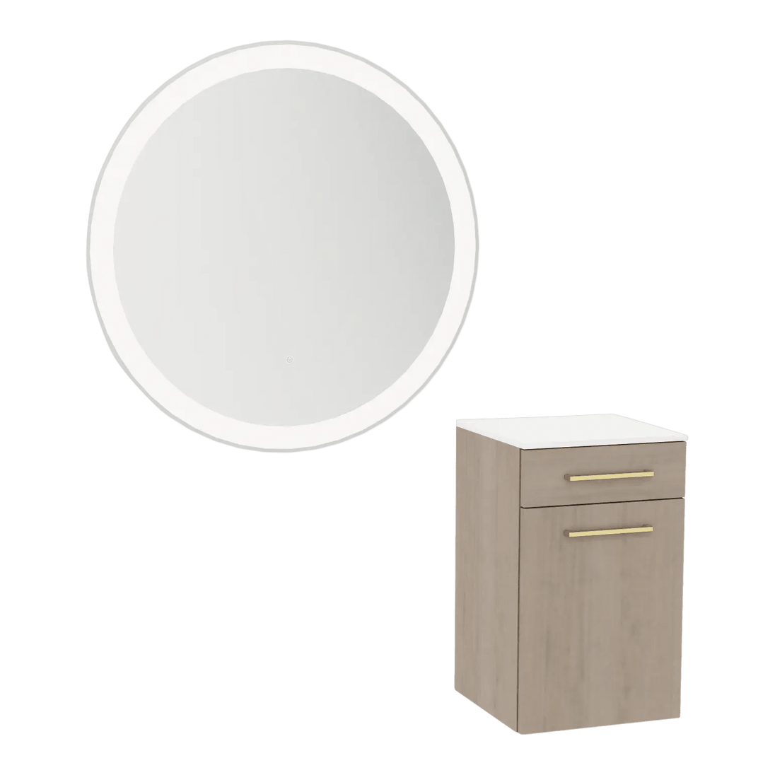 Glo Wall Mount Styling Station with Tilt-out Appliance Holder, Solid Surface Countertop, and Silver Round Glo Mirror - Kaemark