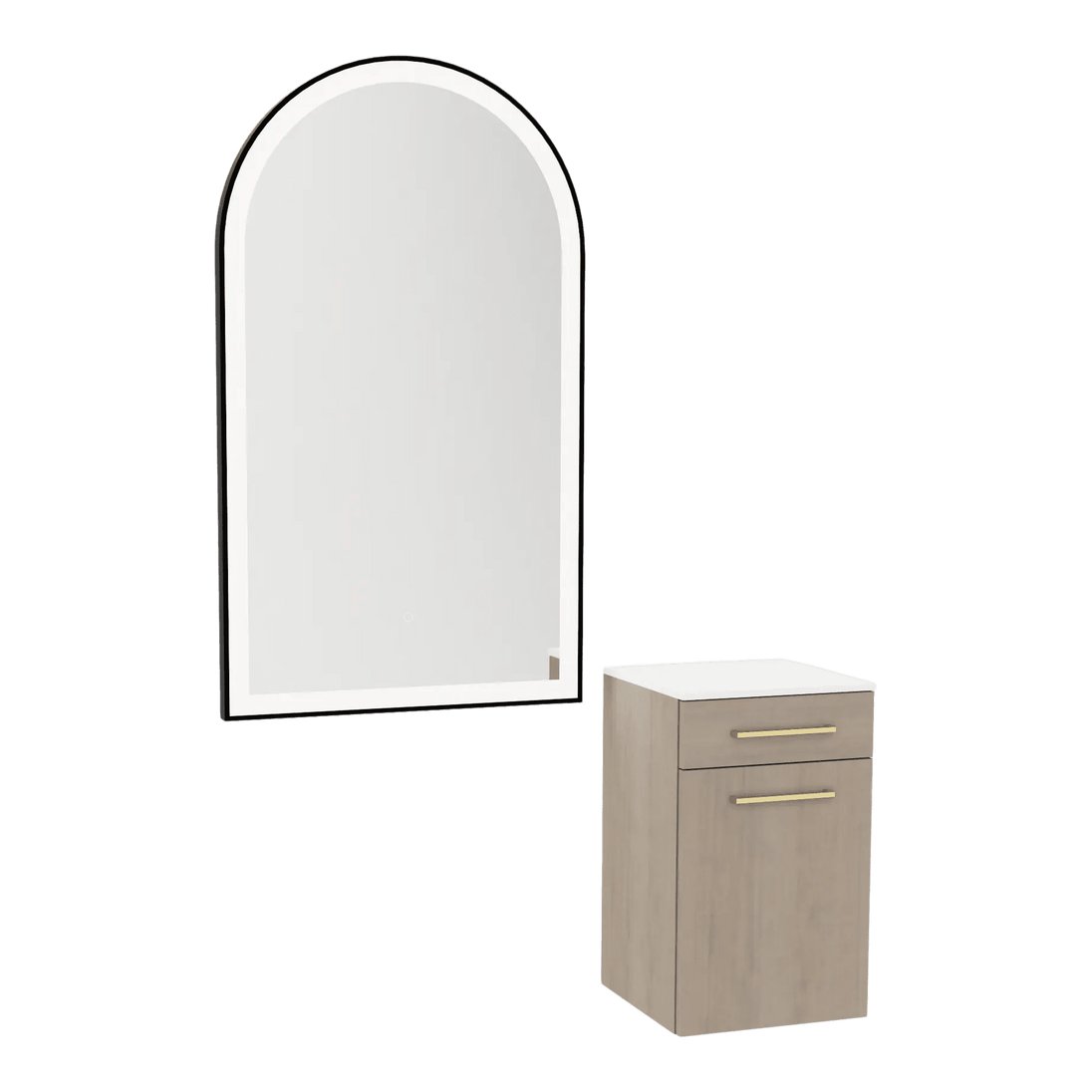 Glo Wall Mount Styling Station with Tilt-out Appliance Holder, Solid Surface Countertop, and Black Arch Paloma Mirror - Kaemark