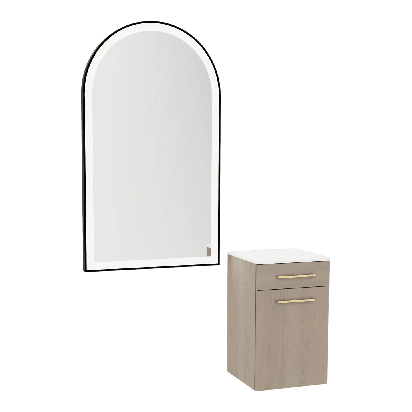 Glo Wall Mount Styling Station with Tilt-out Appliance Holder, Solid Surface Countertop, and Black Arch Paloma Mirror - Kaemark