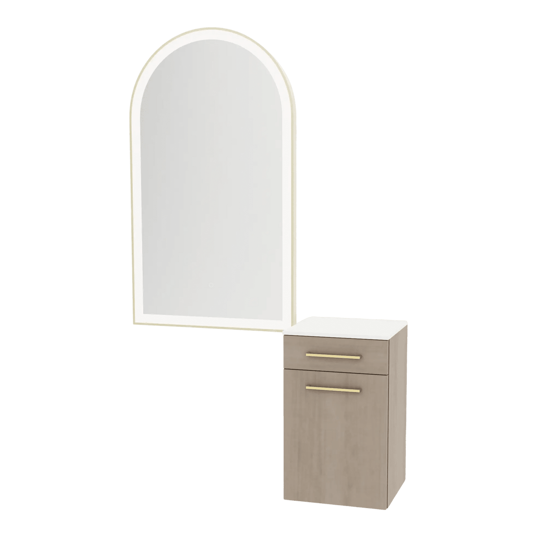 Glo Wall Mount Styling Station with Tilt-out Appliance Holder, Solid Surface Countertop, and Gold Arch Paloma Mirror - Kaemark
