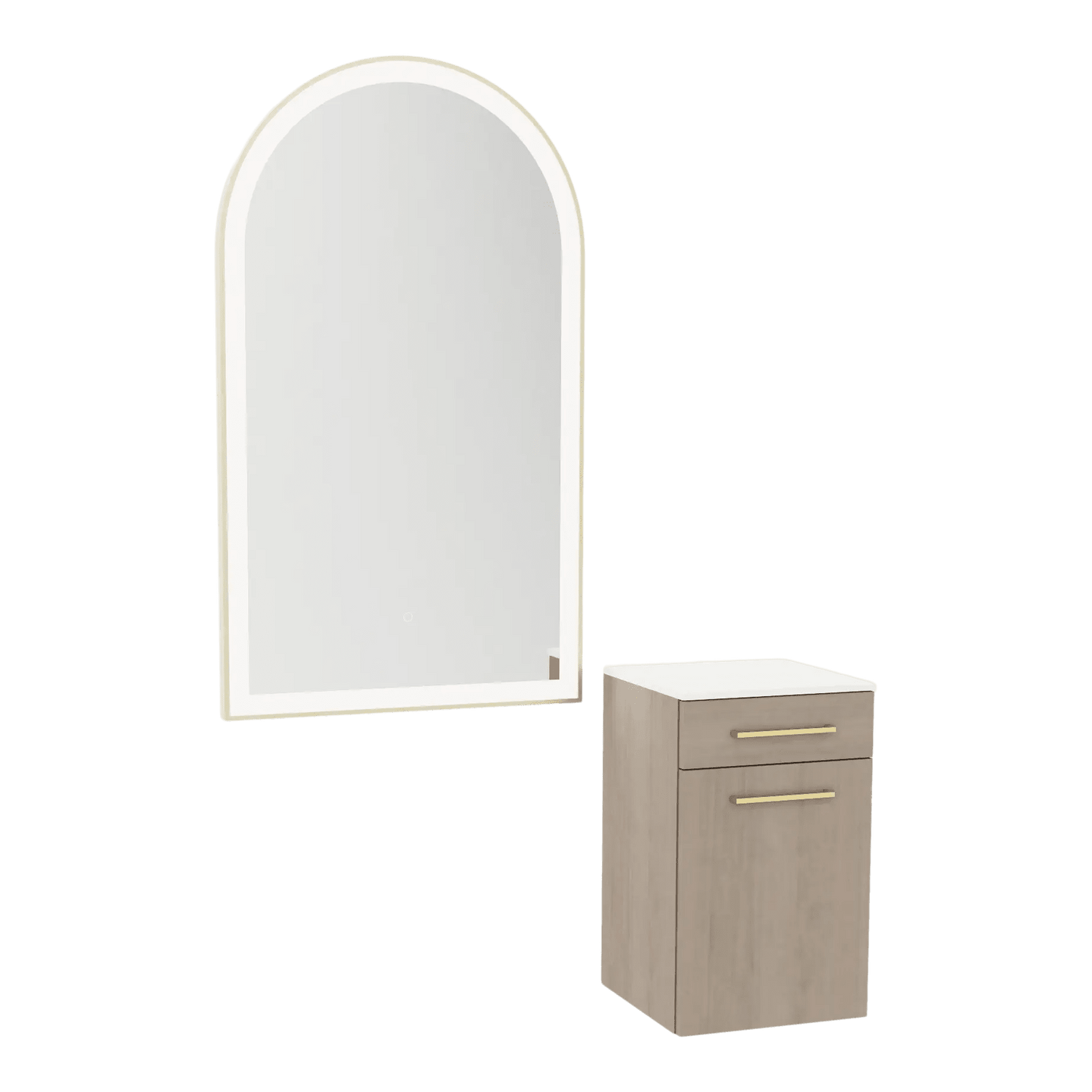 Glo Wall Mount Styling Station with Tilt-out Appliance Holder, Solid Surface Countertop, and Gold Arch Paloma Mirror - Kaemark