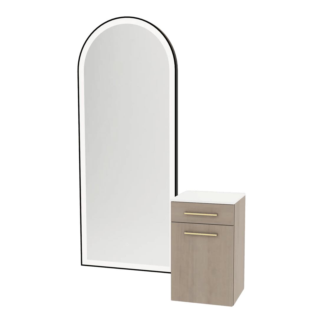 Glo Wall Mount Styling Station with Tilt-out Appliance Holder, Solid Surface Countertop, and Black Full-Length Arch Paloma Mirror - Kaemark