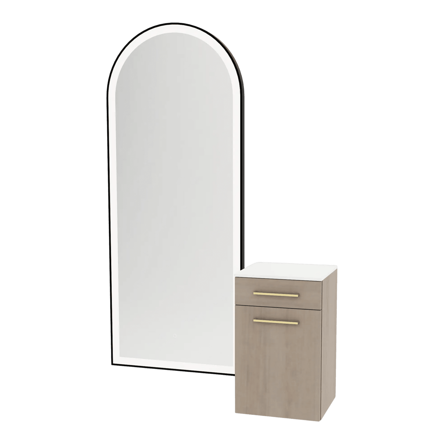 Glo Wall Mount Styling Station with Tilt-out Appliance Holder, Solid Surface Countertop, and Black Full-Length Arch Paloma Mirror - Kaemark