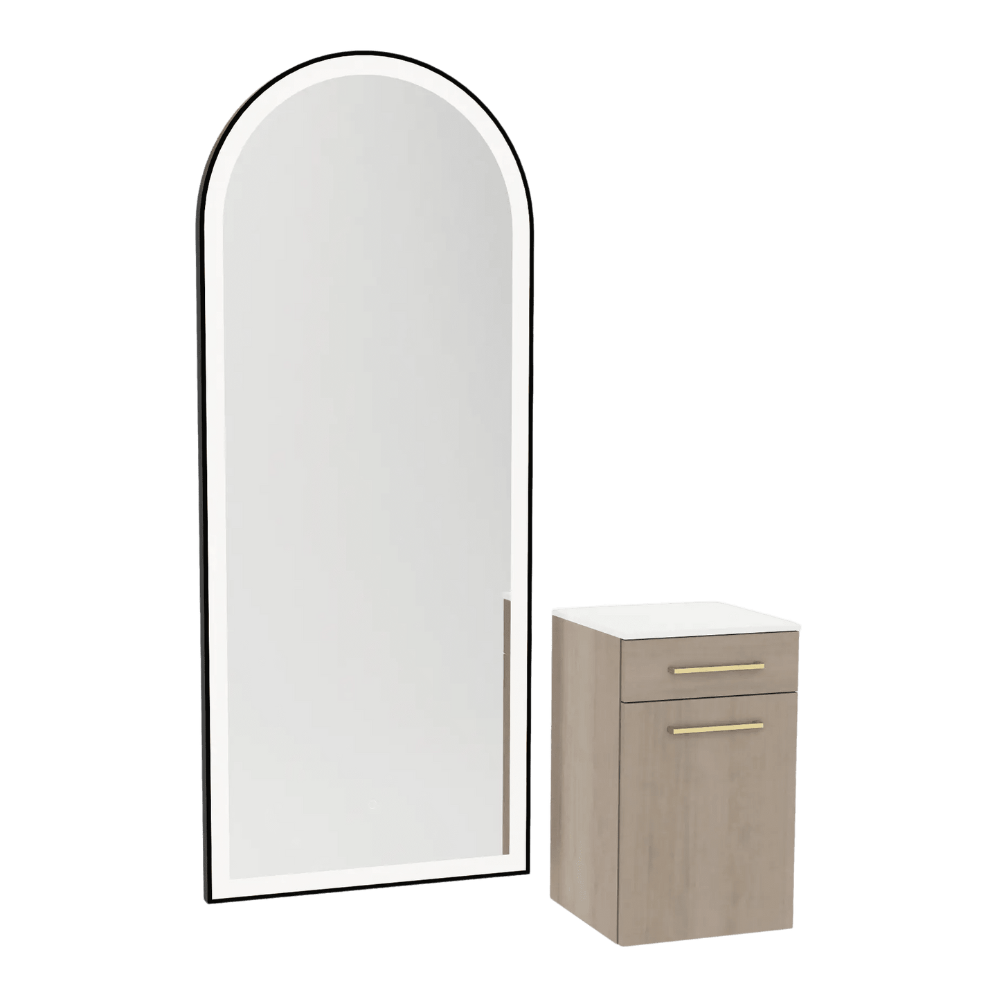 Glo Wall Mount Styling Station with Tilt-out Appliance Holder, Solid Surface Countertop, and Black Full-Length Arch Paloma Mirror - Kaemark
